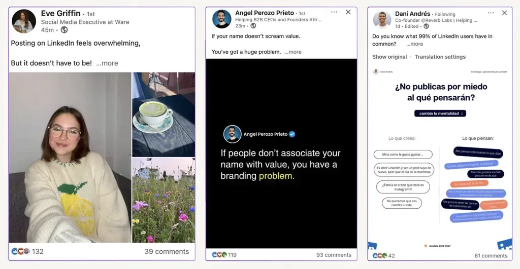 A collage of different LinkedIn users and their distinctive posting styles, including a post example from Eve Griffin, Angel Perozo Prieto, and Dani Andrés
