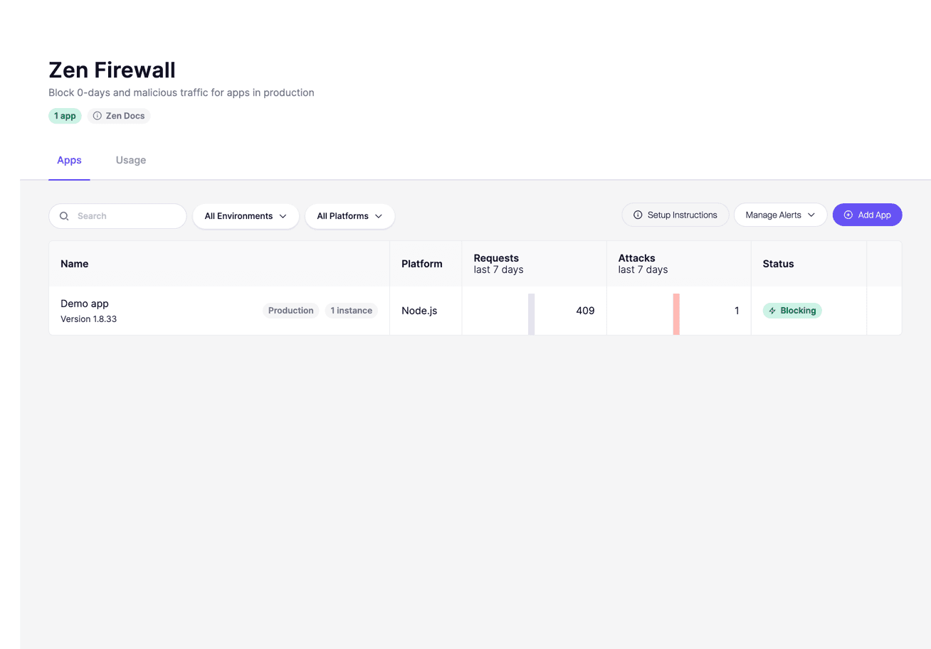 Aikido Zen firewall showing a Node.js production app with request and attack counts over the last seven days and a Blocking status