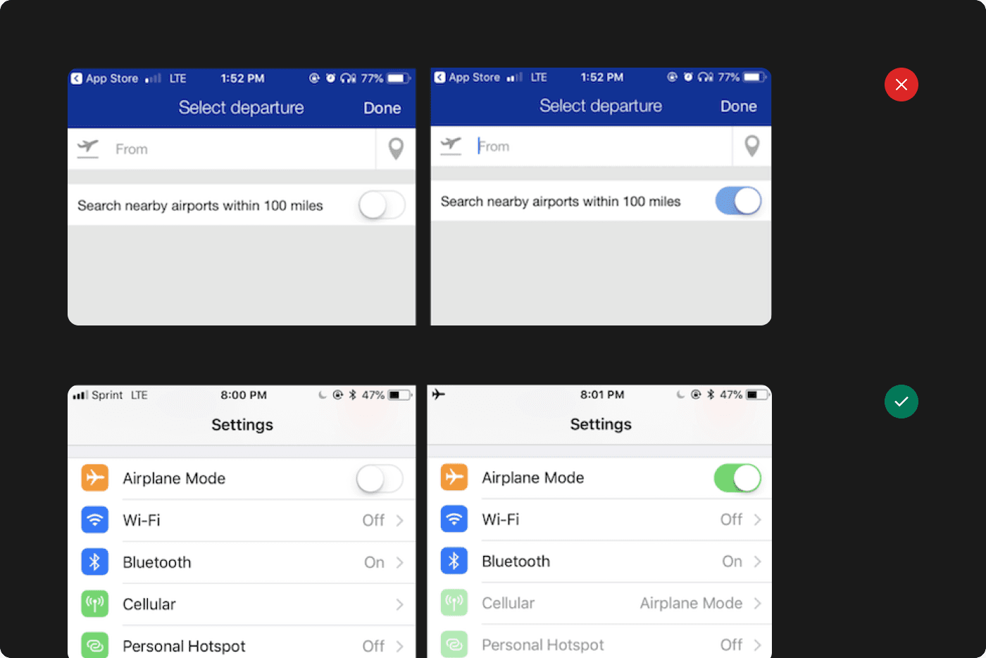 Duas imagens de exemplo: a primeira é uma seleção de destino de viagem com um toggle para procurar aeroportos com 100 milhas de proximidade. A segunda imagem mostra a página de configurações do iPhone com a opção de Modo Avião ativa.