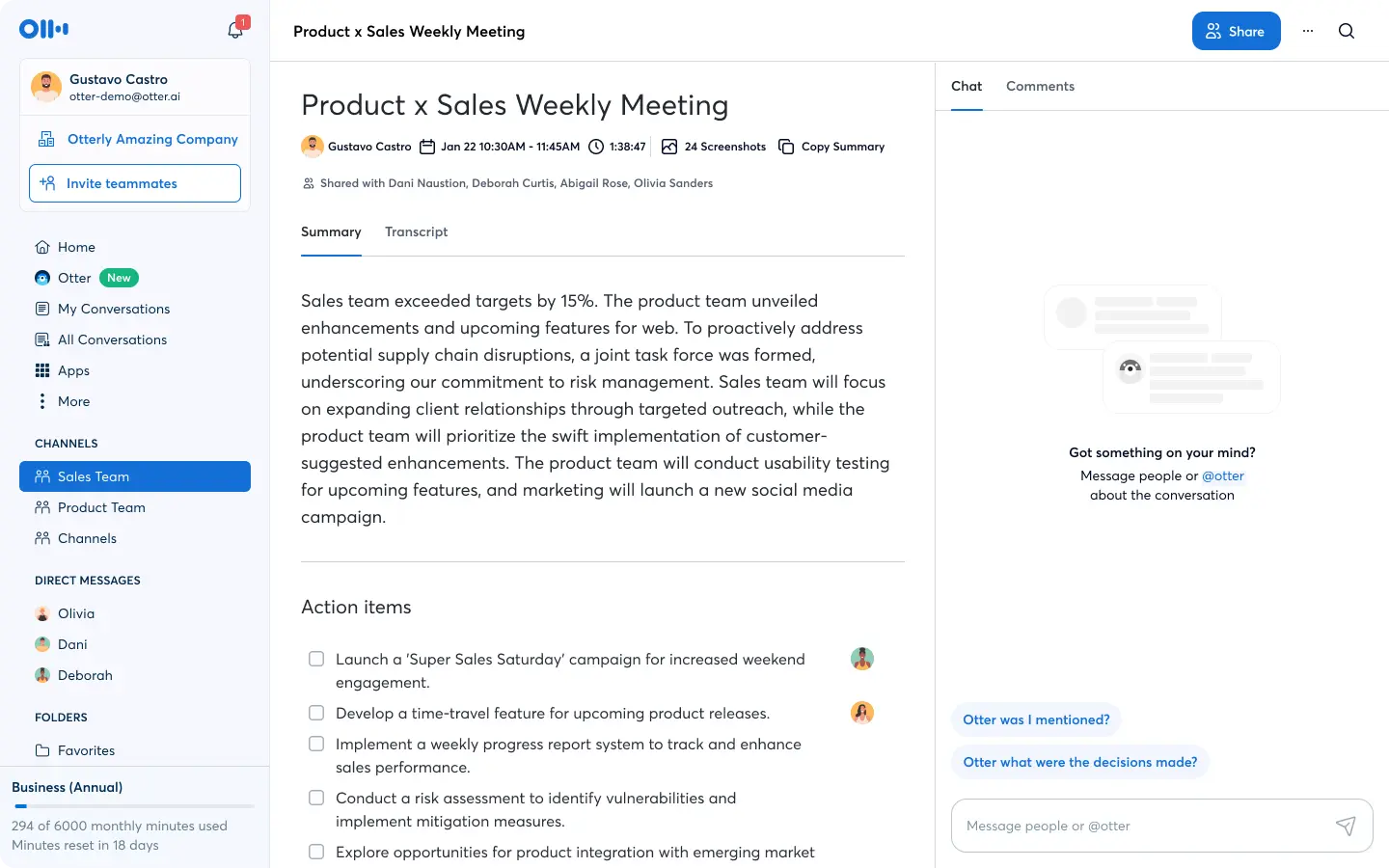 Screenshot of an Otter.ai meeting summary page titled “Product x Sales Weekly Meeting.” The summary shows notes indicating the sales team exceeded targets by 15%, and the product team discussed enhancements and risk management. Below, there’s an “Action items” list with tasks like launching a “Super Sales Saturday” campaign, developing a time-travel feature, and conducting a risk assessment. On the left, the sidebar displays navigation options such as Home, My Conversations, Apps, and Channels, while the right panel contains a chat section with prompts like “Otter was I mentioned?” and “Otter what were the decisions made?”