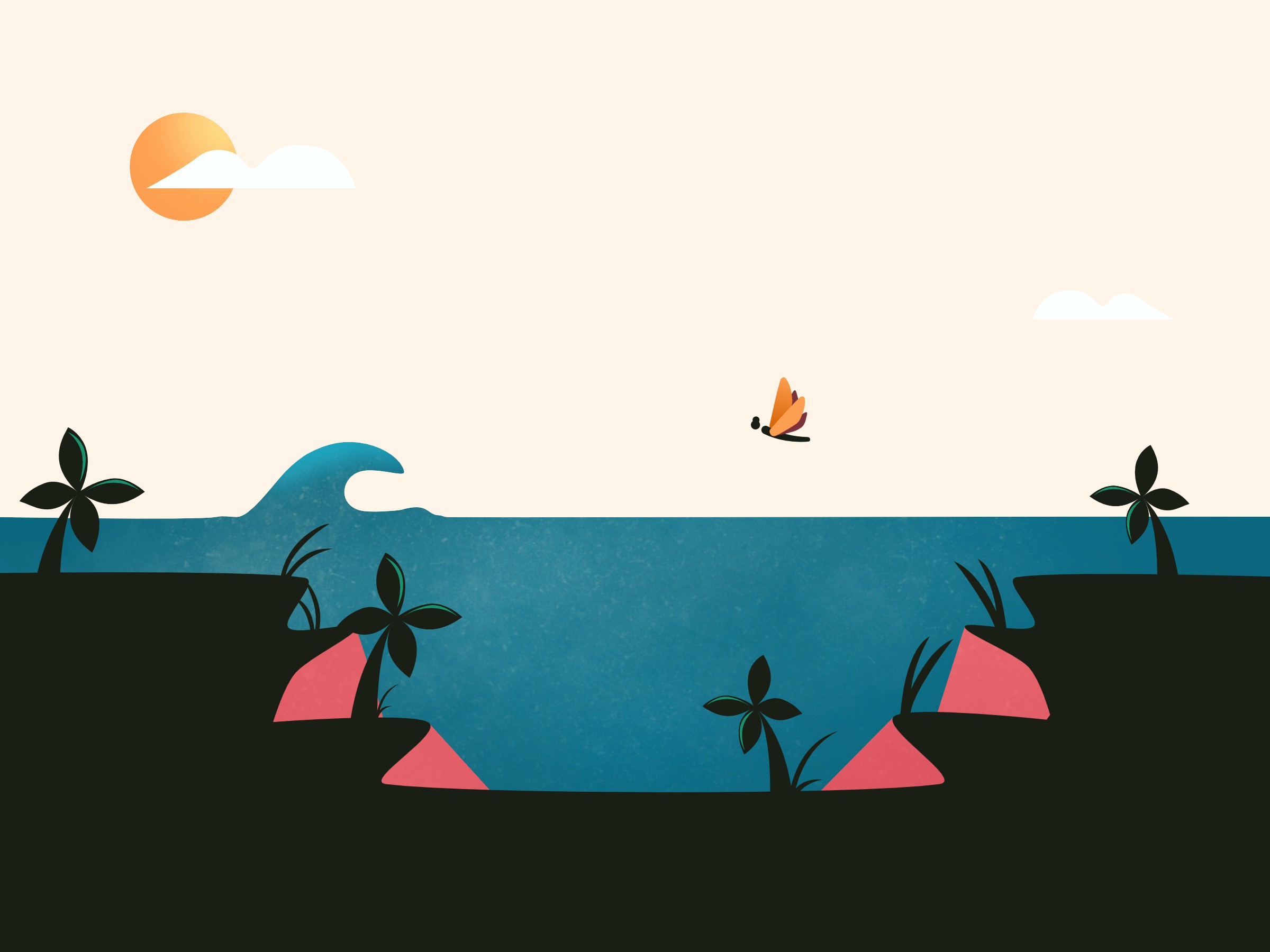 Silhouette of an island with an ocean backdrop, featuring a dragonfly in flight.