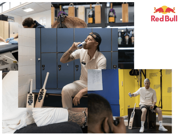 Collage von Fotos eines Cricketspielers in der Umkleidekabine und im Fitnessraum. Er trägt Sportkleidung, hält einen Cricket-Schläger und trinkt eine Dose Red Bull. Auf einem der Bilder wird sein Bein behandelt. Oben rechts ist das Red-Bull-Logo zu sehen.