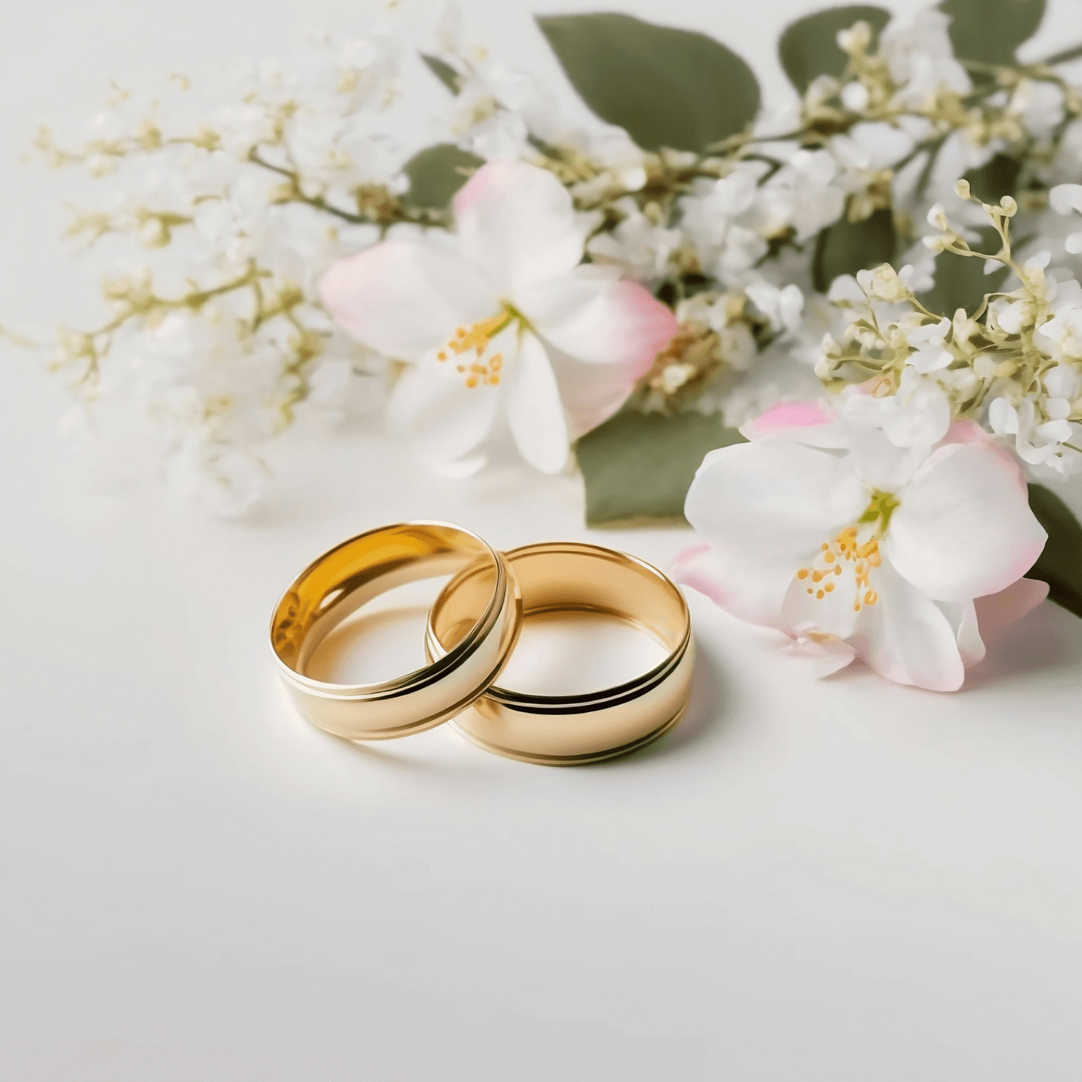Two gold wedding rings are placed on a light surface, surrounded by delicate white flowers.