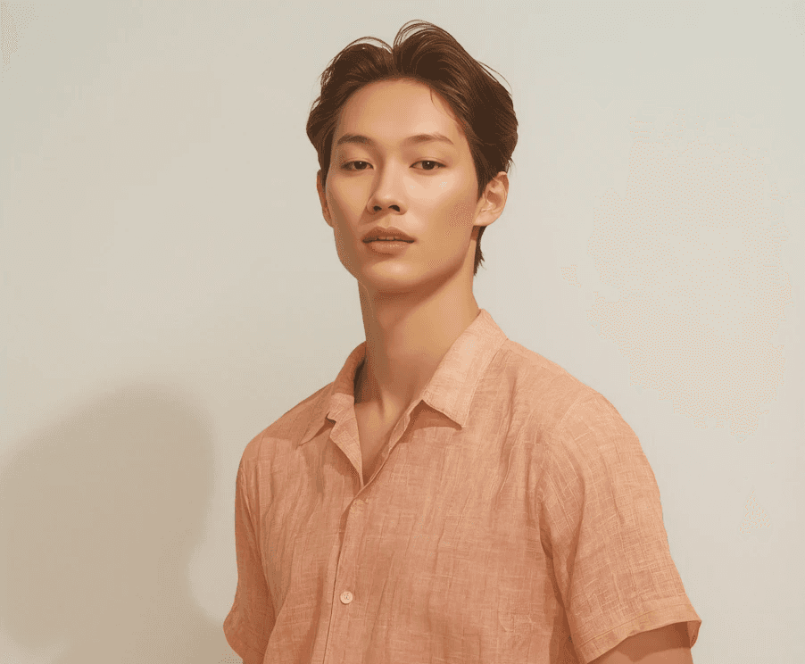 Young man wearing peach short-sleeve button-up shirt