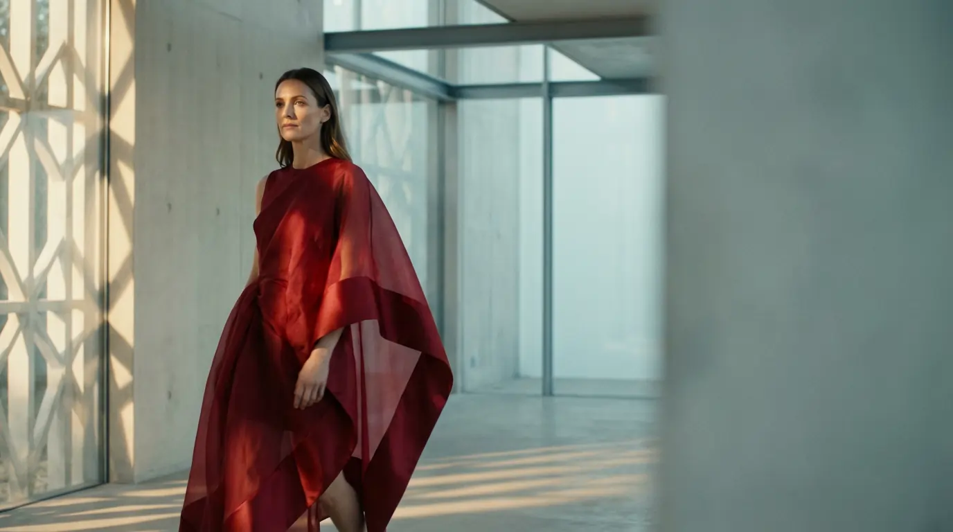 Woman in a flowing red dress walking through a modern interior