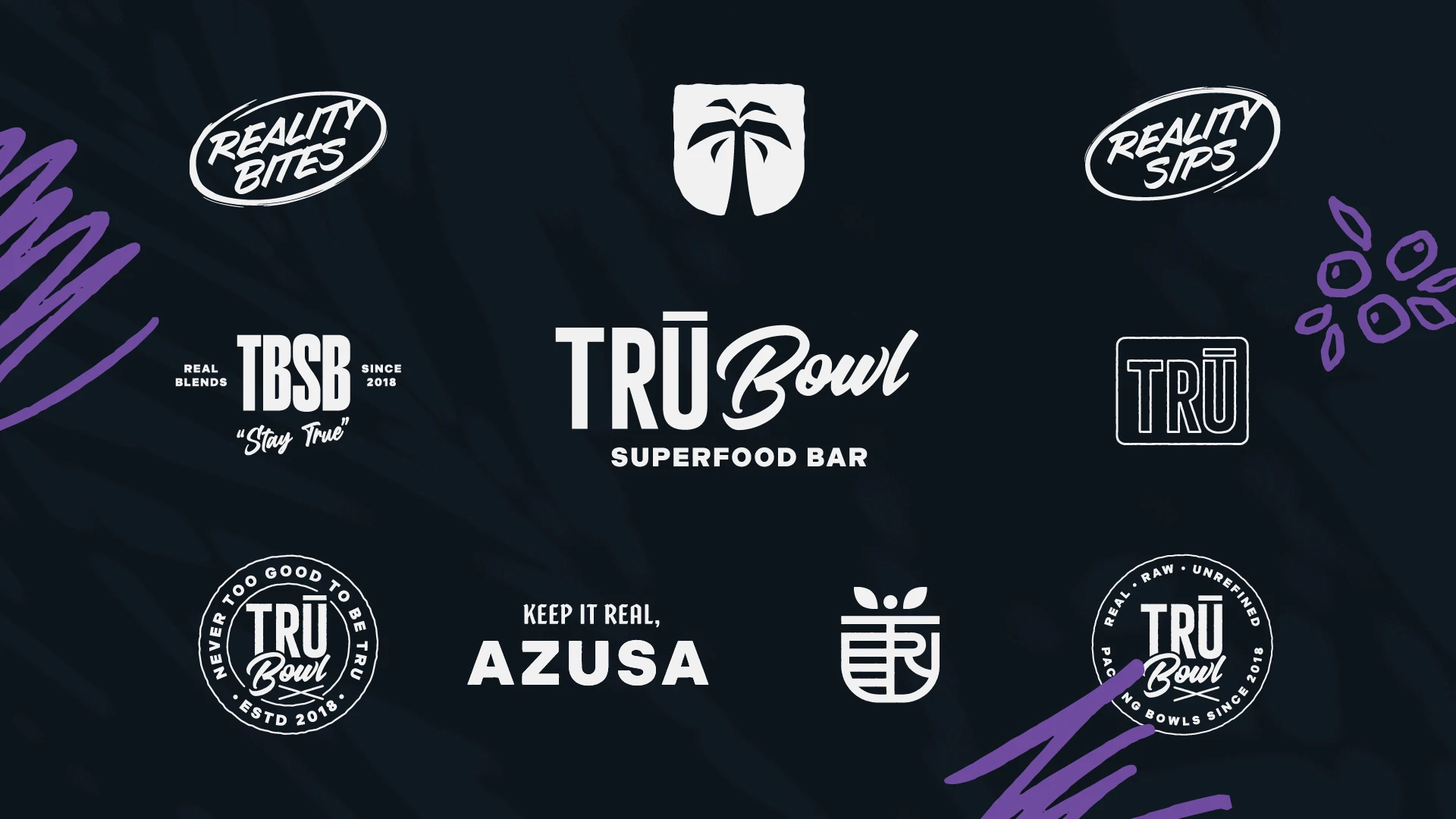 A page showing a variety of different logo designs for a smoothie and superfood bowl brand, TRU Bowl