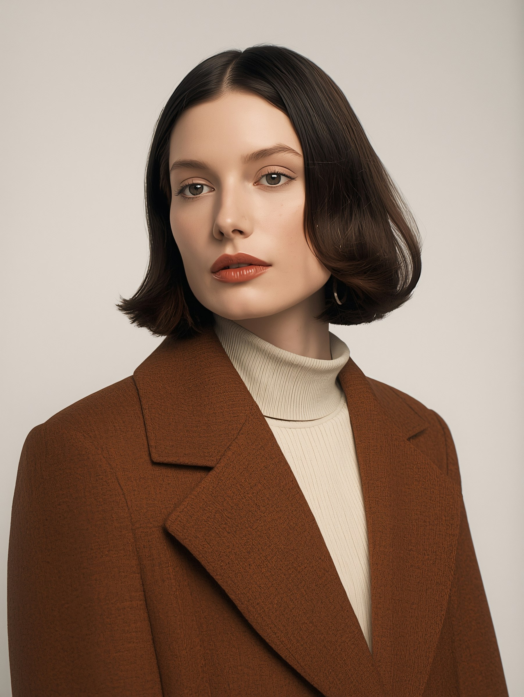 A woman with a sleek bob hairstyle and a brown coat over a cream turtleneck, posing against a plain background.