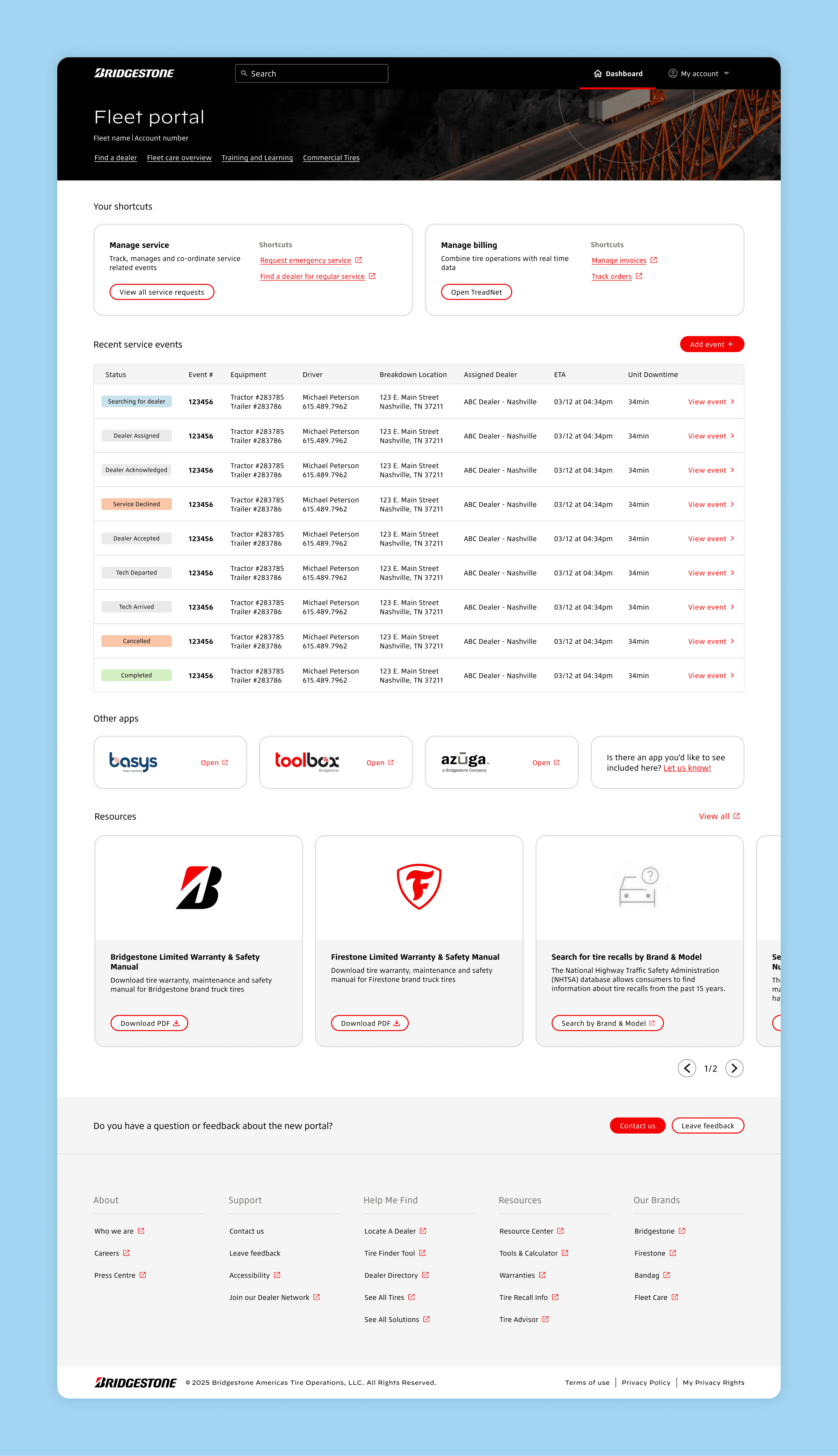 Image of final Fleet Portal dashboard design showing shortcuts, recent service events, other apps, and resources