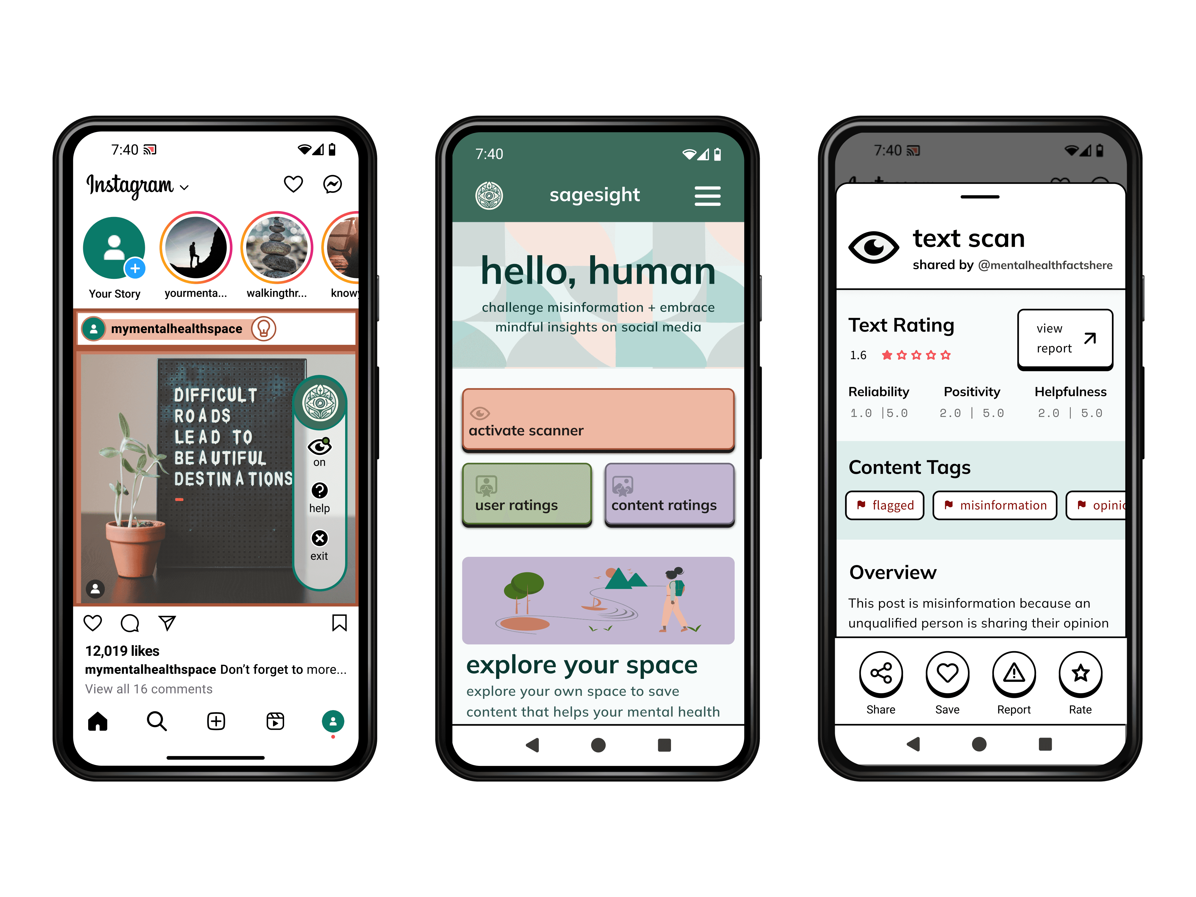 Three smartphone screens of Sagesight app showing a home screen with overlay scanner activation, user ratings, and real-time content analysis on Instagram.