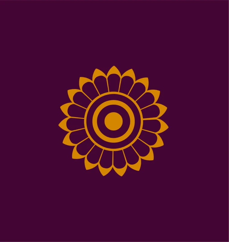 Golden-orange stylized floral mandala with layered petals and concentric circles, centered on a deep purple background; calm, ornamental tone.