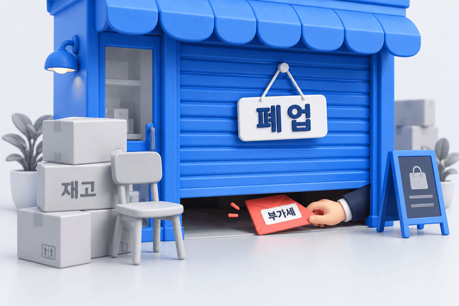 셔터 내린 상점 앞에 남은 상자들과 폐업 부가세 고지 봉투