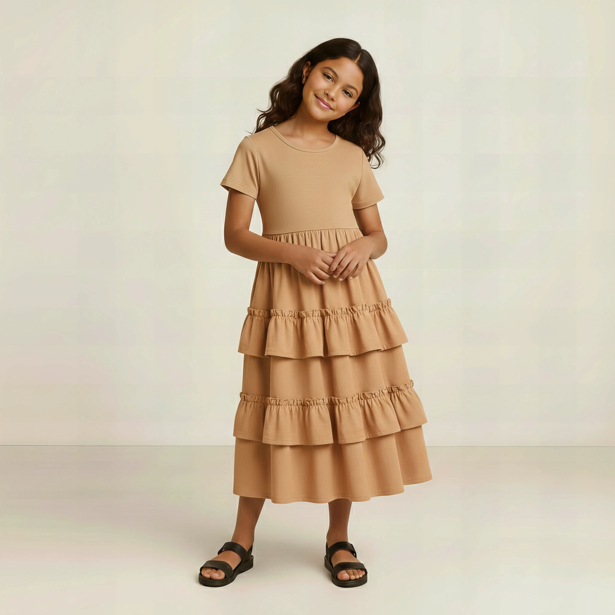 Linen Ruffle Dress in Warm Sand
