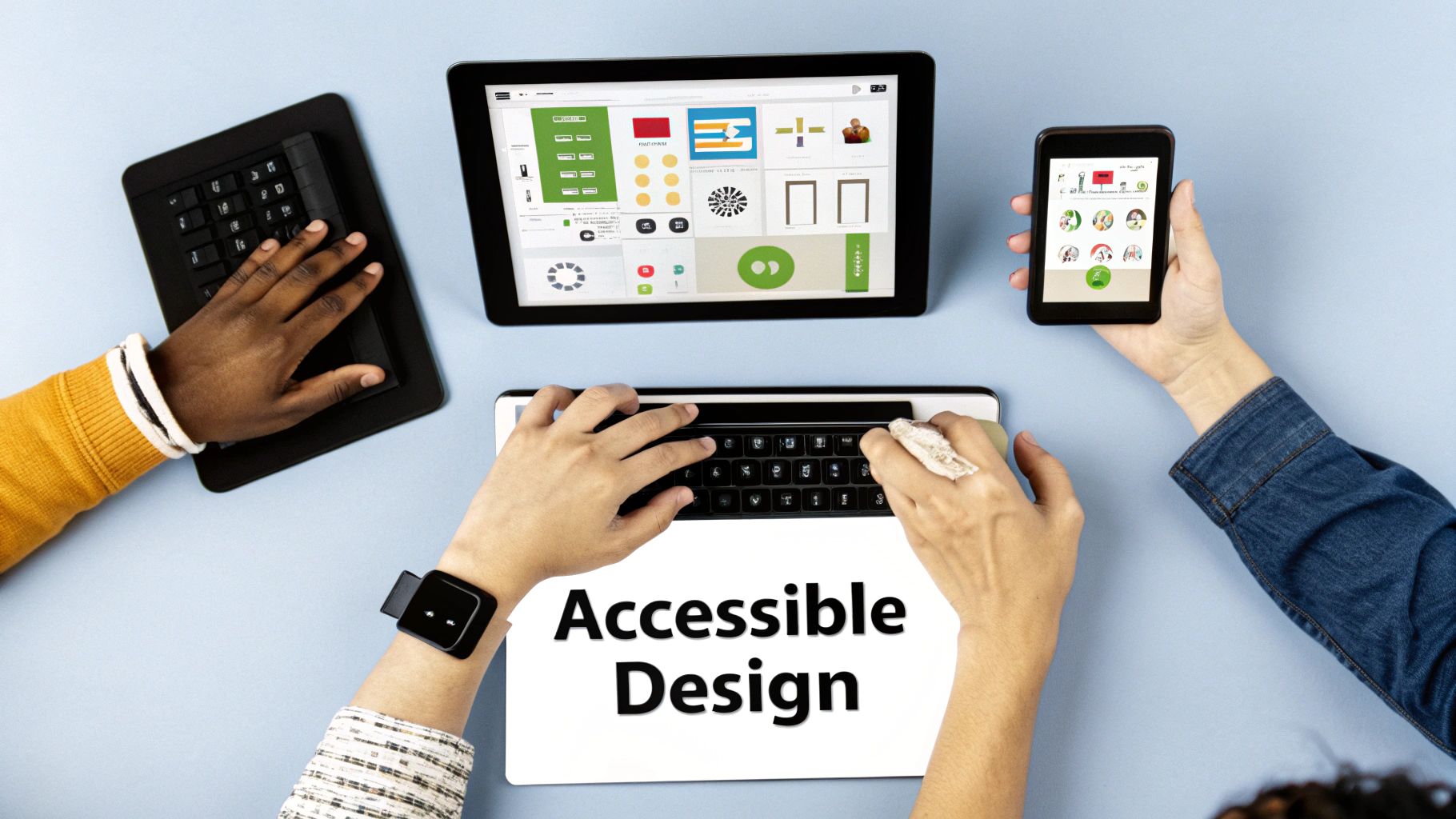 Multiple hands collaborate on various digital devices, including a tablet, smartphone, and keyboards, displaying 'Accessible Design'.