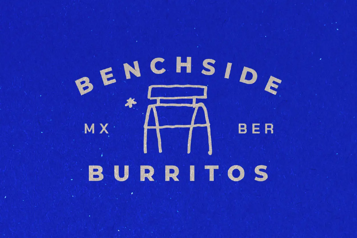 Benchside Burritos logo with hand-drawn bench icon and wordmark on blue paper.