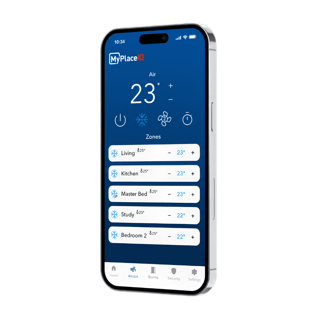 MyPlaceIQ app controlling ducted air conditioning zones.