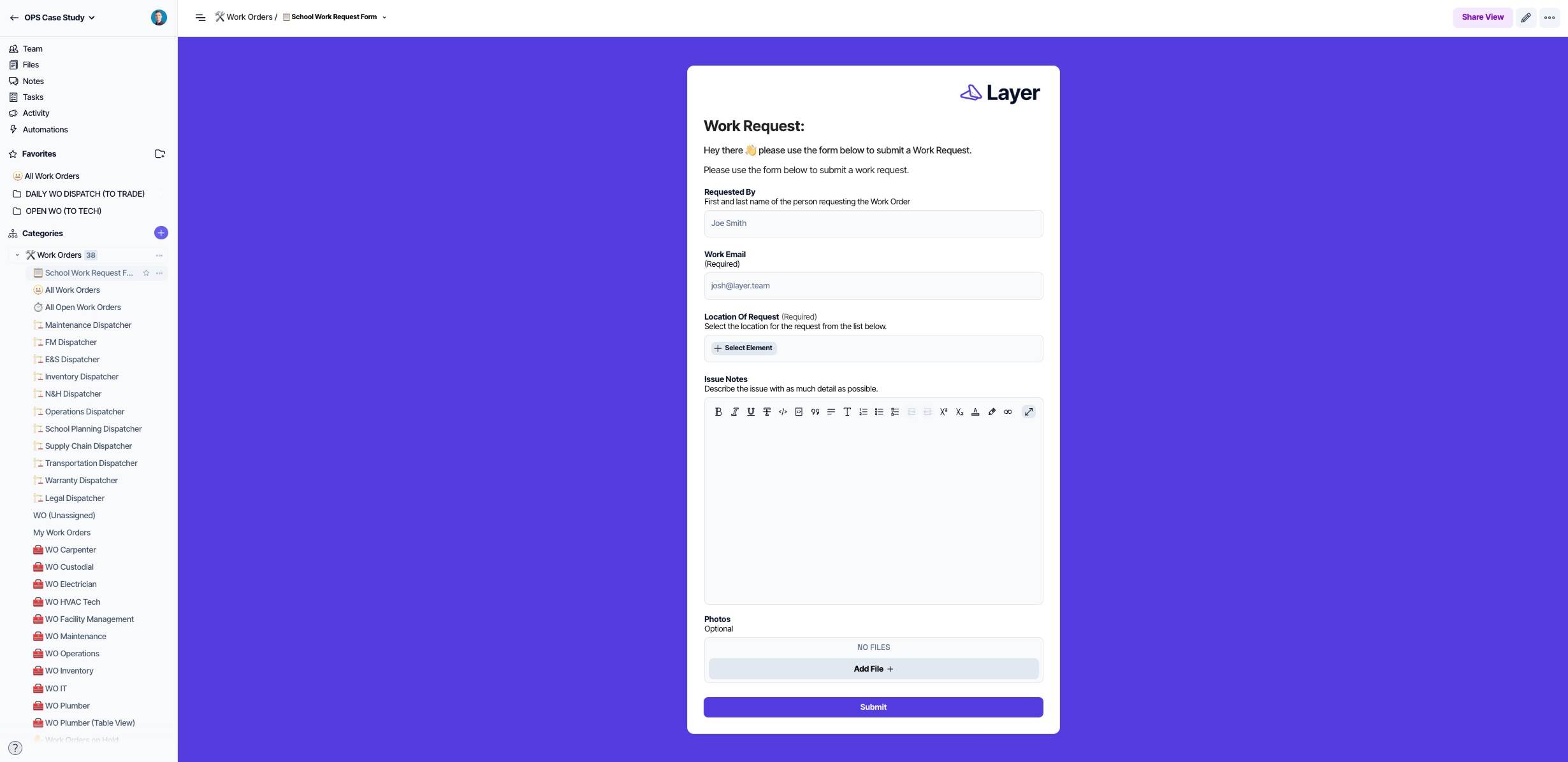 Layer’s Form View structured for optimized work request intake on both Mobile and Desktop devices.