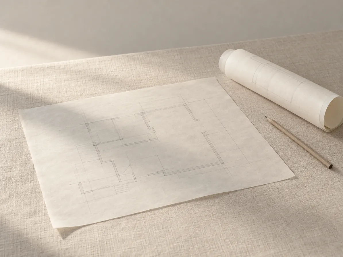 Tracing paper with faint pencil plan lines beside a rolled drawing