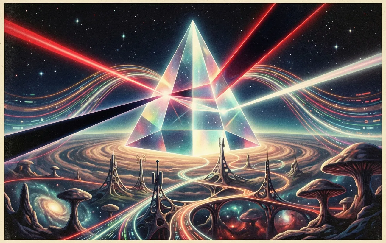 Futuristic digital landscape with prism by RockN' Socials, a Digital Marketing Agency.