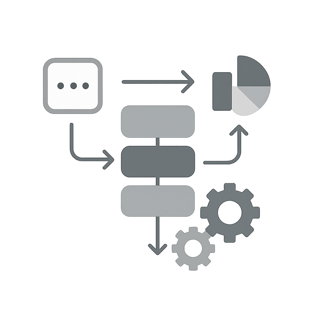 Flussdiagramm mit Symbolen wie einer Sprechblase, Pfeilen, rechteckigen Prozessfeldern, einem Kuchendiagramm und Zahnrädern. Die Grafik stellt einen datengetriebenen Verarbeitungsprozess dar.