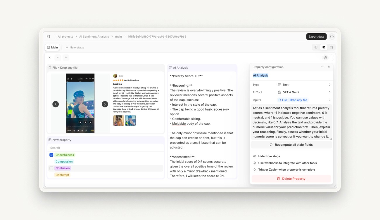 Screenshot of an AI sentiment analysis tool interface, analyzing a product review with a polarity score of 0.9, showing a positive sentiment with a detailed breakdown and suggestions.