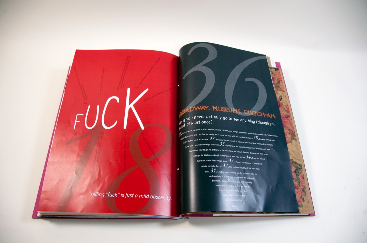 an opened book with the Fuck 18 written on red on the left side and 36 and some text written in dark grey on the right side