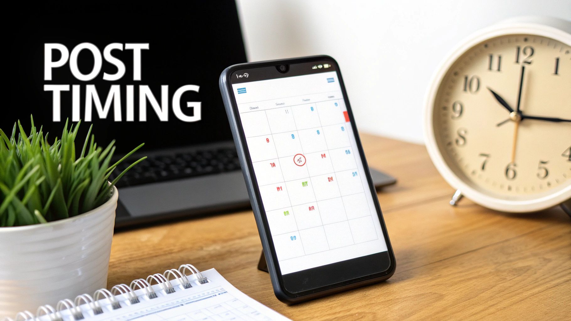 A desk with a laptop displaying 'POST TIMING', a smartphone with a calendar, and an alarm clock.
