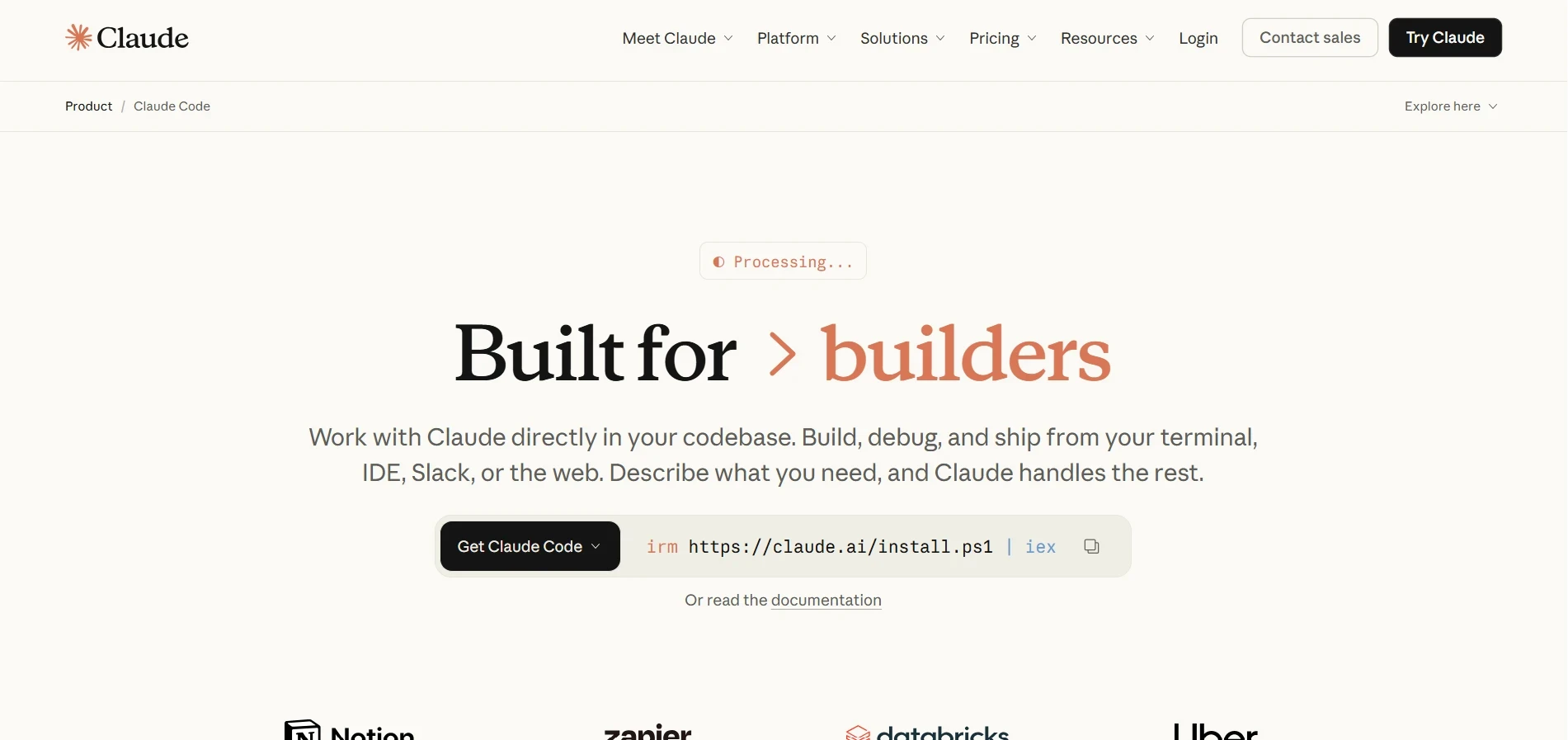 Claude Code website featuring "Built for builders" headline and terminal install command.