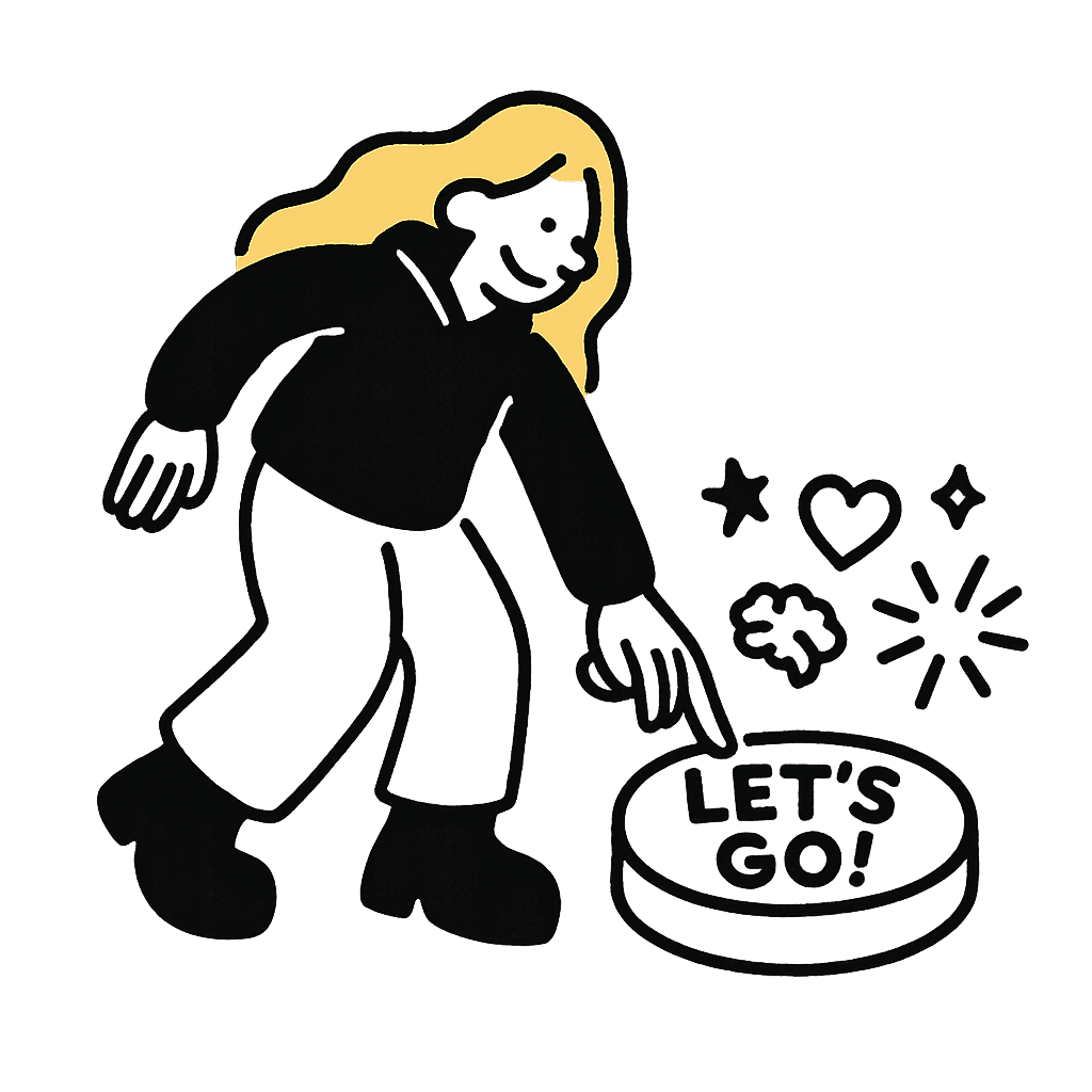 Illustration of female character pushing a button that reads 'let's go'