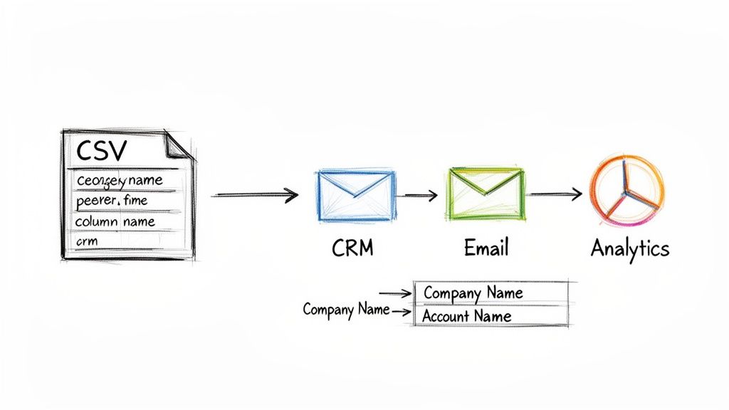 A diagram illustrates data flow from a CSV file through CRM and Email systems to Analytics, including company name mapping.