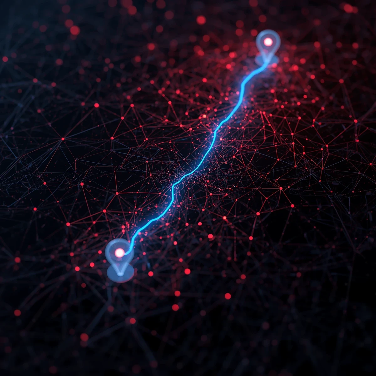 Abstract 3D digital map visualization comparing algorithmic priority-based field route optimization against inefficient geographic routing.