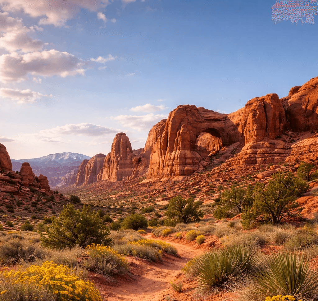 A cozy house nestled in a field of wildflowers, surrounded by mountains and a cloudy sky.