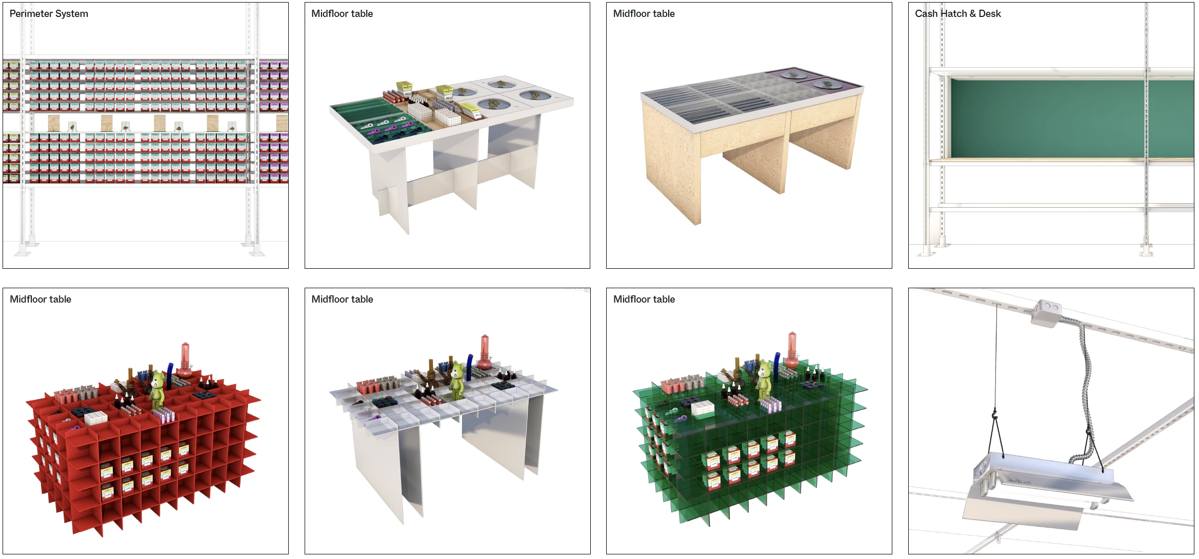 Midfloor tables in all three finishes side by side, showing the shared grid language and plug-in accessories