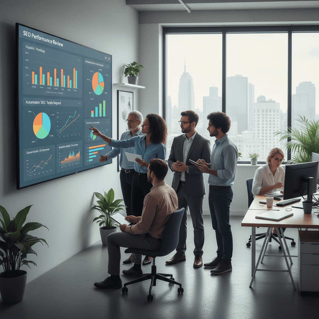 Team analyzing automated SEO tools performance data and AI search visibility metrics on dashboard