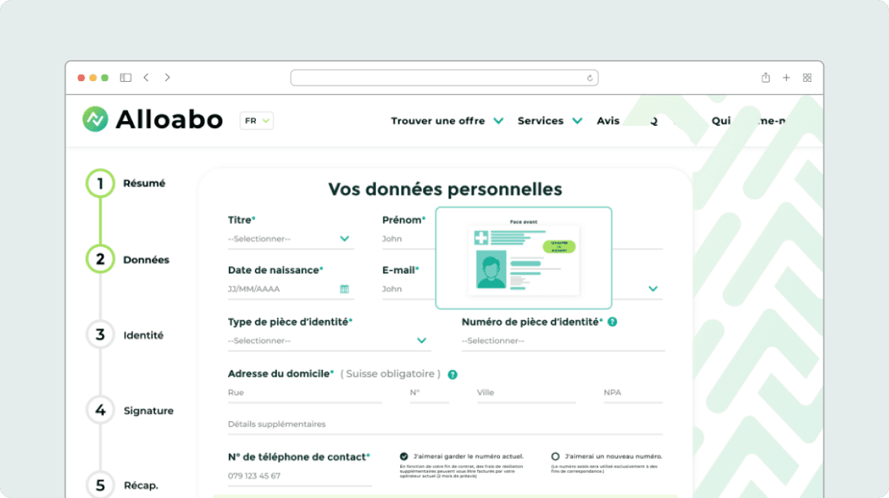 Capture d'écran de la deuxième étape du formulaire d'achat d'un abonnement mobile demandant de fournirs toutes les informations personnelles nécessaire à la réalisation d'un contrat