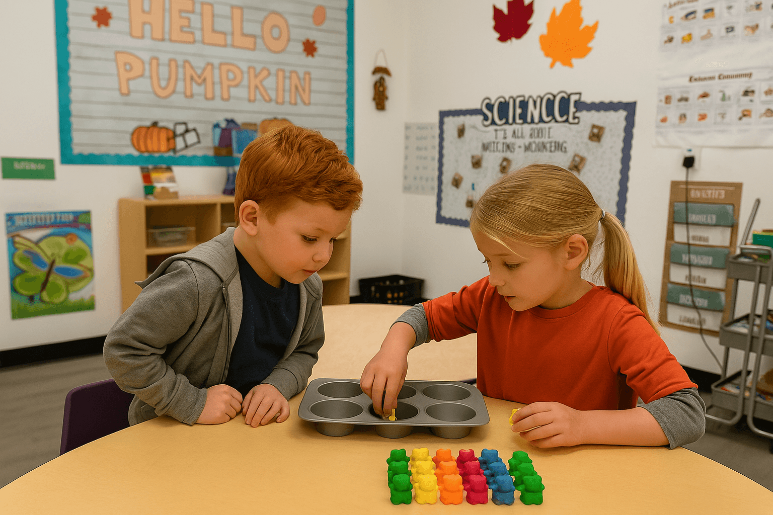 Two young children sorting colorful counting bears into a tray during a learning activity in the classroom