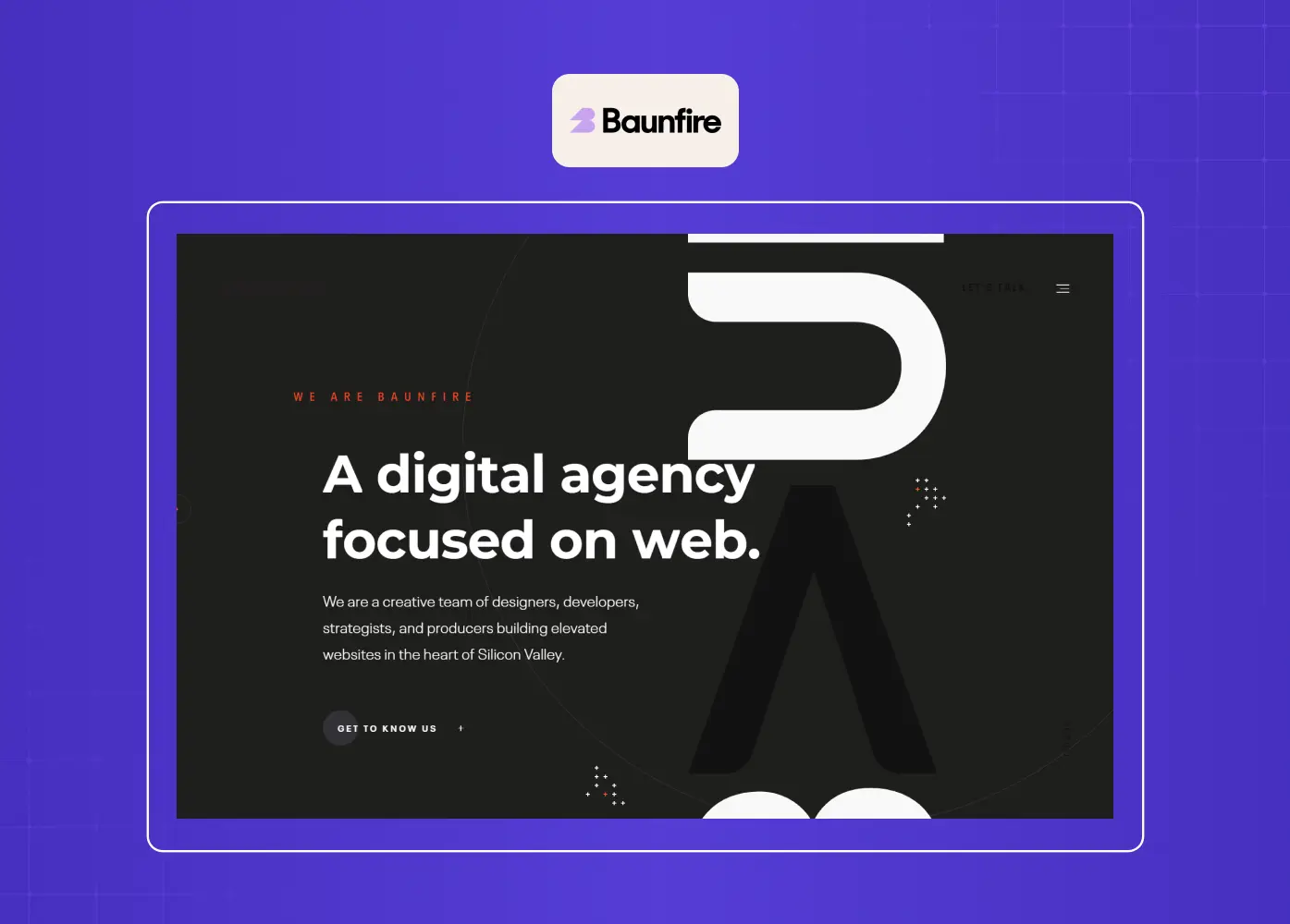 Dark-themed agency homepage with oversized typography, bold visuals, and a strong emphasis on web-focused creative work.
