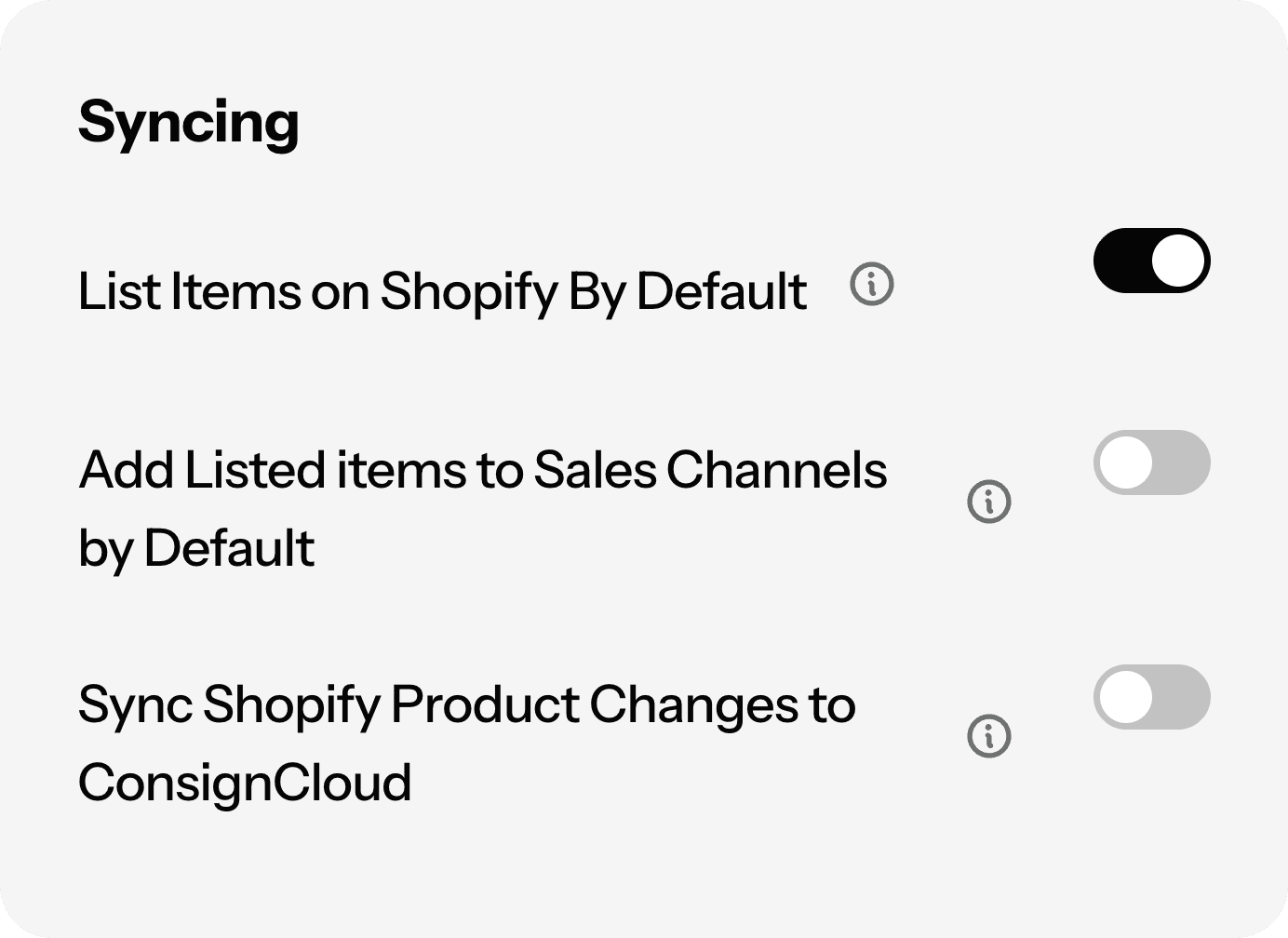 A screenshot showing the Shopify default configuration screen in ConsignCloud
