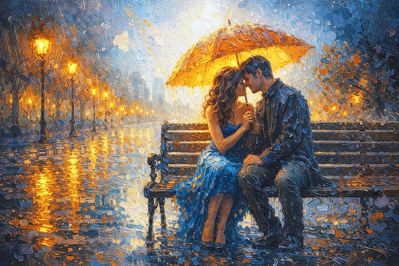 Couple sitting under an umbrella on a rainy street, with a line of outdoor light post lamps  