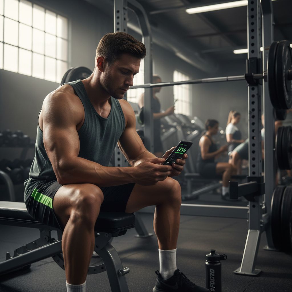 Person tracking strength training workout on phone at gym