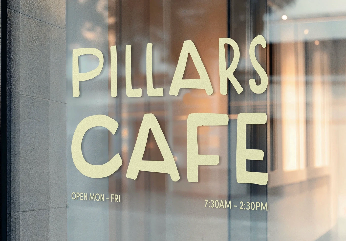 Close-up of pale Pillars Cafe lettering on a glass door, including opening hours.