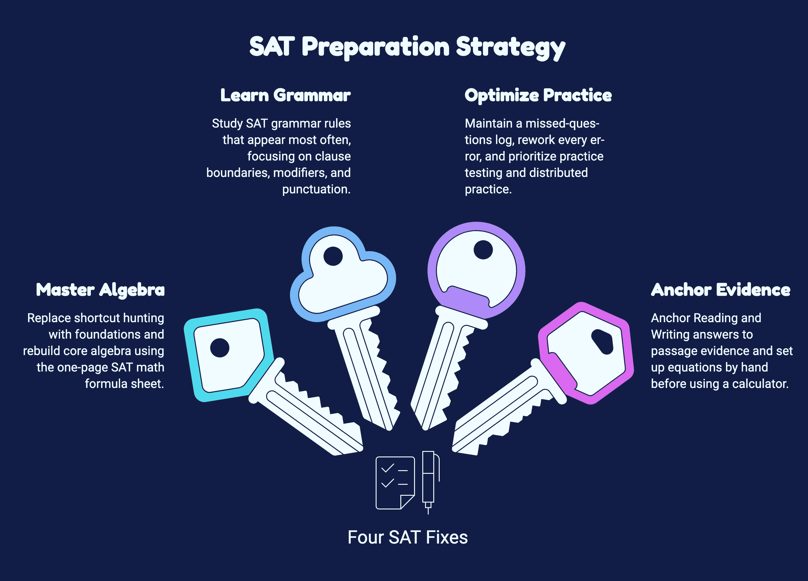 Infographic outlining key SAT prep strategies: math foundations, grammar rules, error logging, and evidence-based reading.