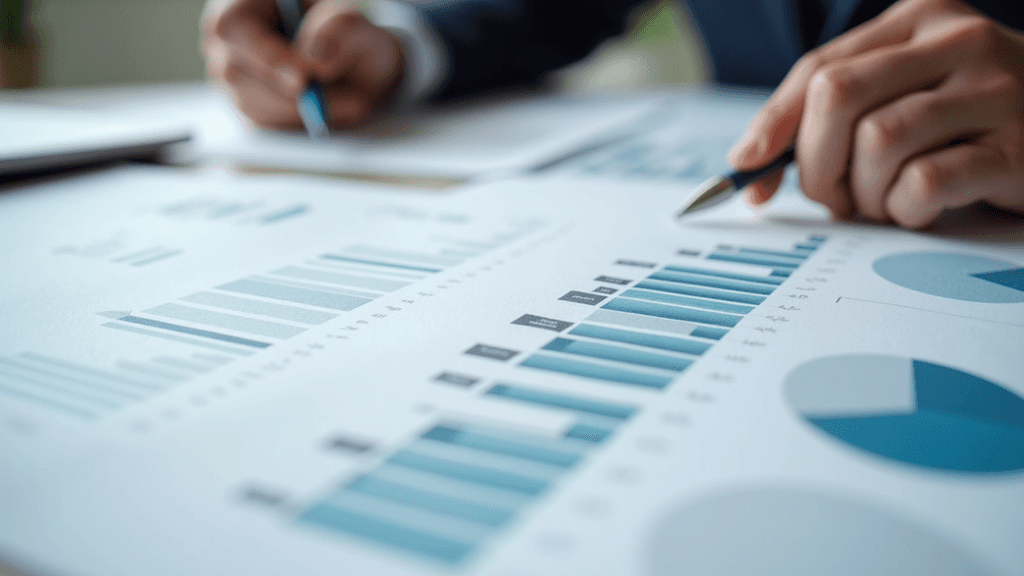 Close-up view of a printed business growth plan with notes and charts