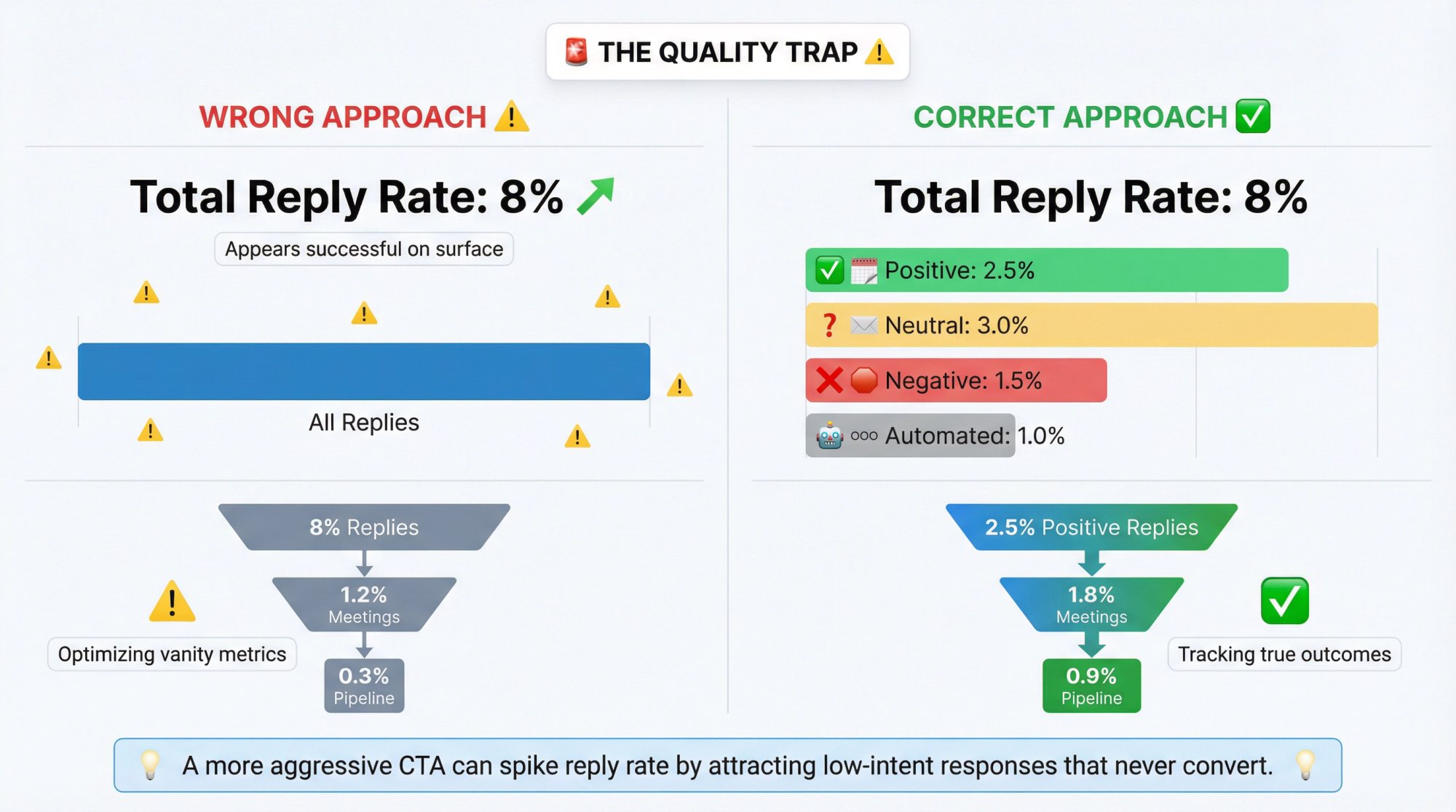 Split comparison infographic showing wrong vs correct A/B test analysis with reply tier classification and conversion funnel