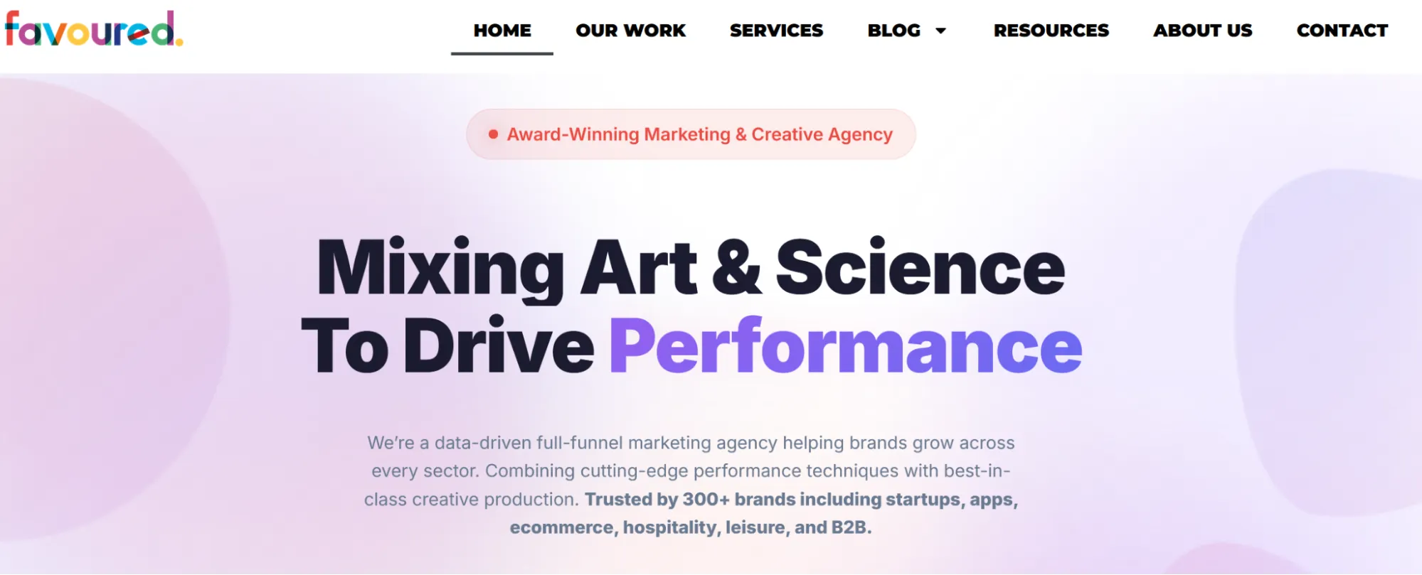 Favoured’s homepage with the headline Mixing Art & Science To Drive Performance.