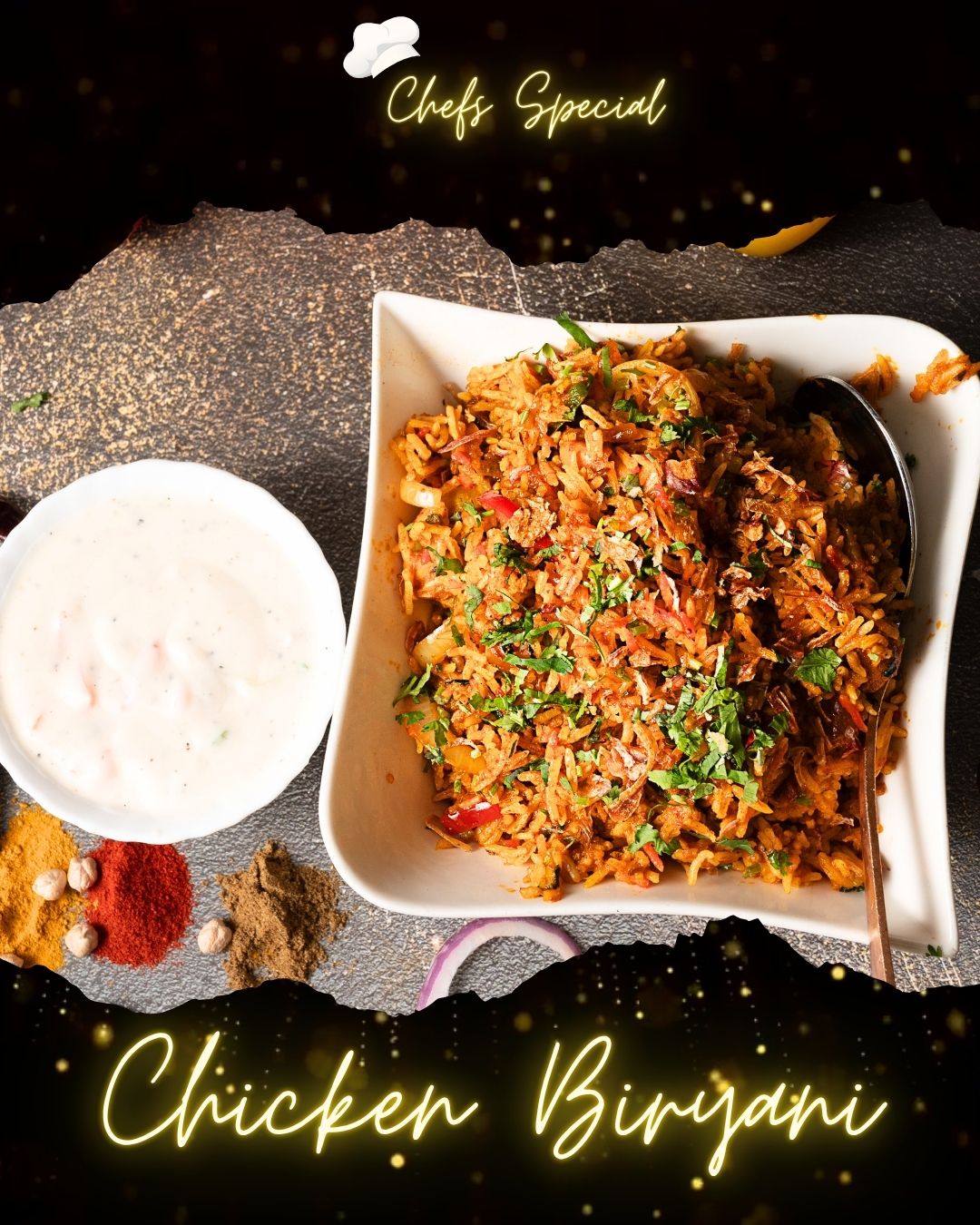 Aromatic Chicken Biryani with raita — best Indian biryani restaurant BC Ustaad G76