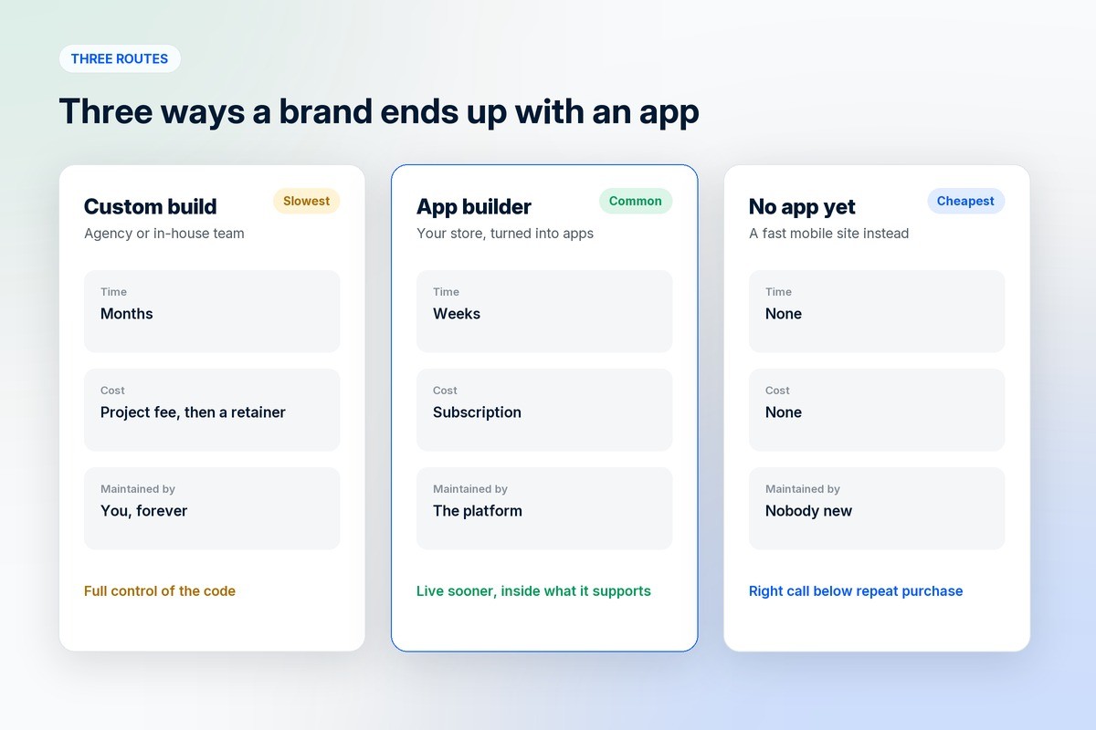 Three routes to an ecommerce app compared: a custom build taking months and maintained by you, an app builder live in weeks on a subscription, and no app at all with a fast mobile site instead