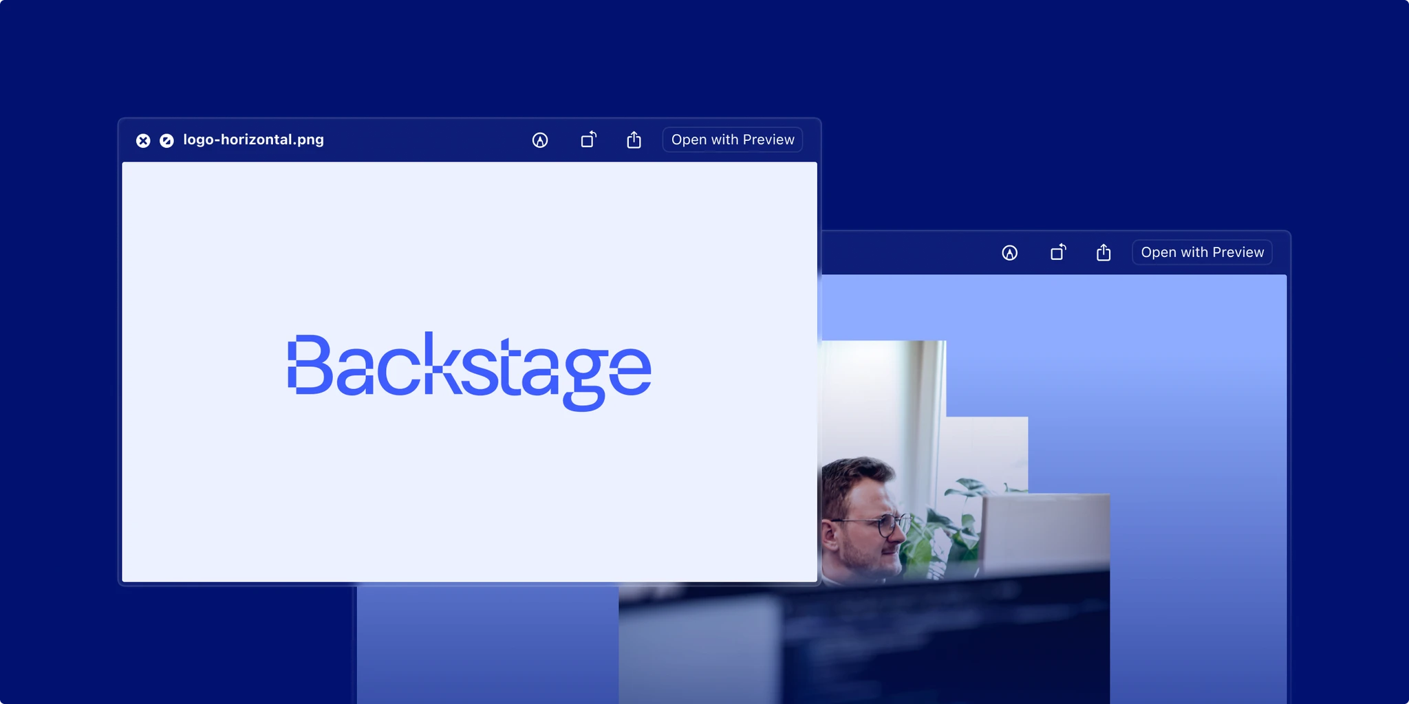 Backstage logo displayed on a light background, with a preview of a person working in the background, featuring a blue-themed interface.