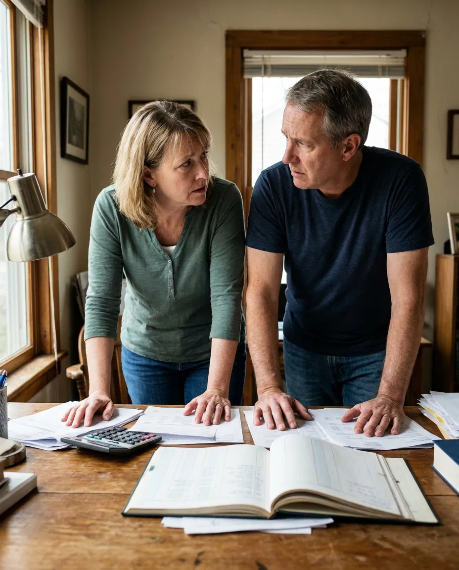 Concerned couple reviewing household bills