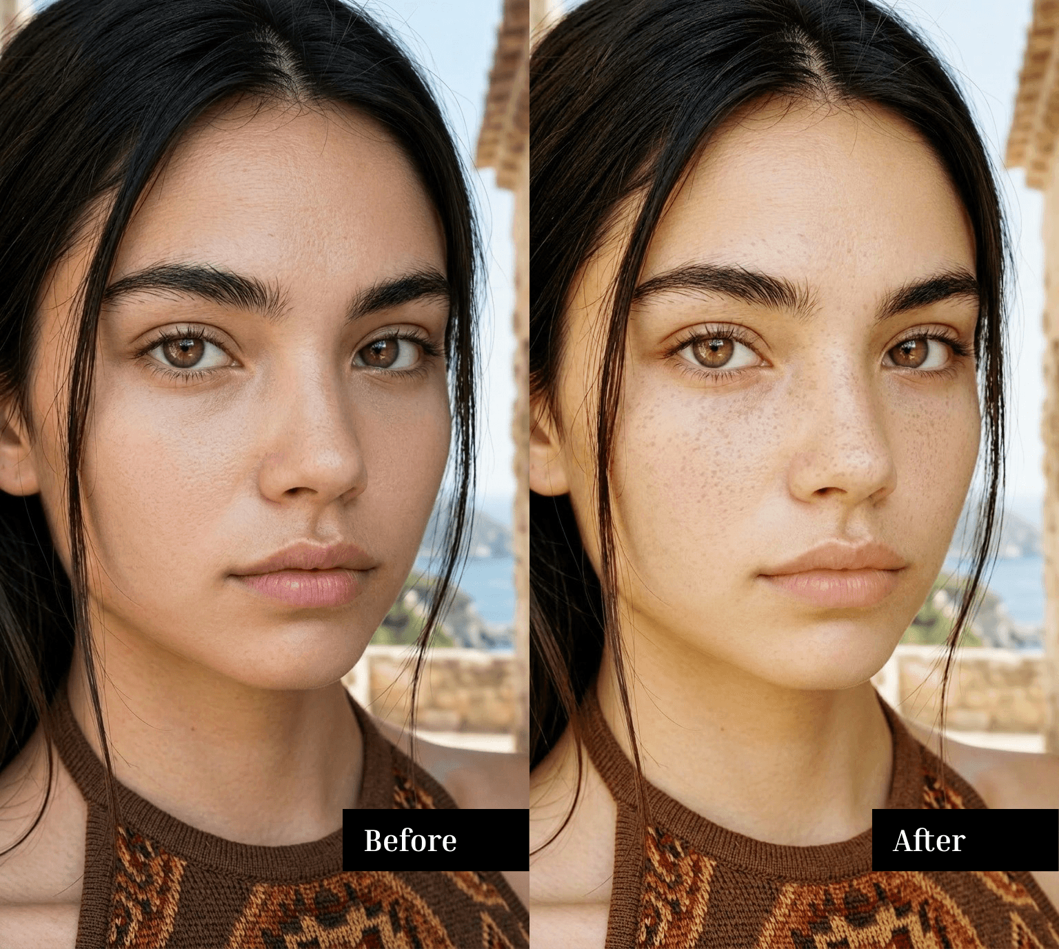 Side-by-side before and after comparison of Retrica's new Makeup  filter — natural skin texture and freckles preserved, with a subtle  warm polish on the skin and lips, never over-smoothed