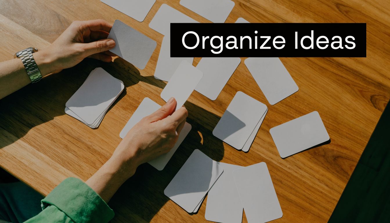 A person sorting blank white cards on a wooden table to brainstorm and organize business ideas.
